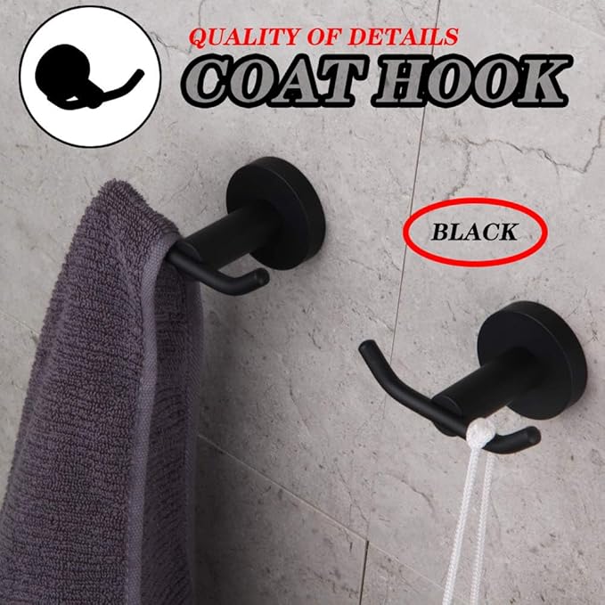 GERZ Bathroom Matte Black Coat Hook SUS 304 Stainless Steel Double Towel/Robe Clothes Hook for Bath Kitchen Modern Hotel Style Wall Mounted 2 Pack AG61908-2BK