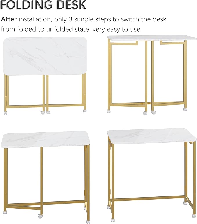 4NM 27.5" Mobile Small Rolling Computer Desk, Folding Laptop Cart Table with Wheels, Portable Office Desk for Small Space Couch Bed - White and Golden
