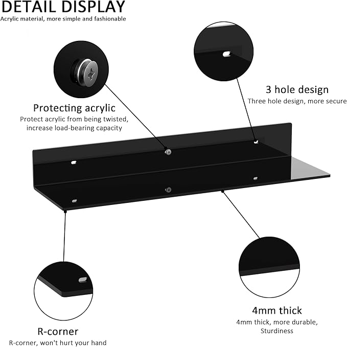 20 Inches Acrylic Wall Shelves 2 Pack, Floating Shelf for Wall Mounting, Acrylic Display Ledges for Funko Pop Figures, Home Décor, Living Room, Gaming Room, Plants(20 inch, Black)-NeatNest