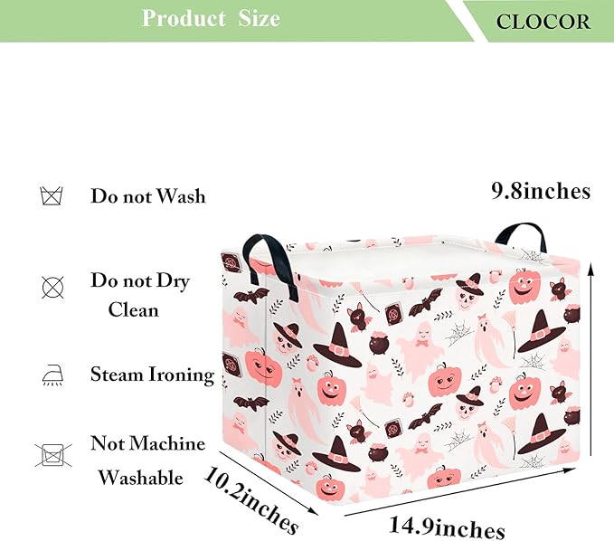 CLOCOR Rectangular Storage Basket Empty, Gift Basket for Halloween, Waterproof Storage Bin with Handles, Room Decor(Pink Bowknot Ghost)-NeatNest