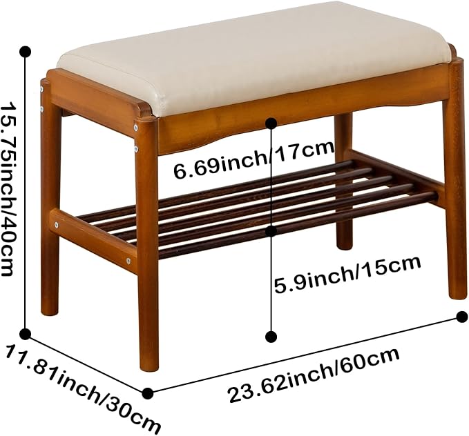 Shoe Bench, Entryway Bench, Wood 2-Tier Shoe Rack with Cushion Padded Seat Shoe Organizer (23.62",Beige)