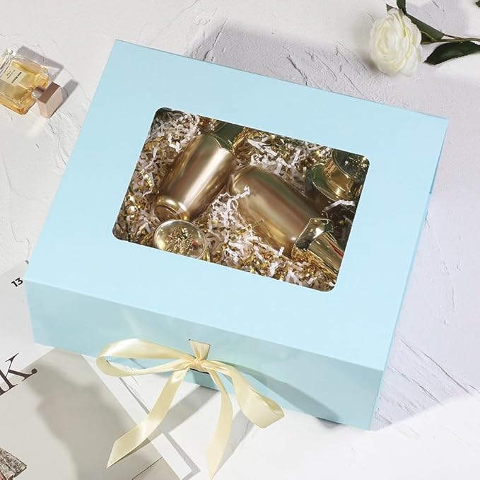Blue Gift Box for Presents with Ribbon 13.2x11x5.3 Inches Clear Gift Box with Window Magnetic Closure Gift Boxes with Lids-NeatNest