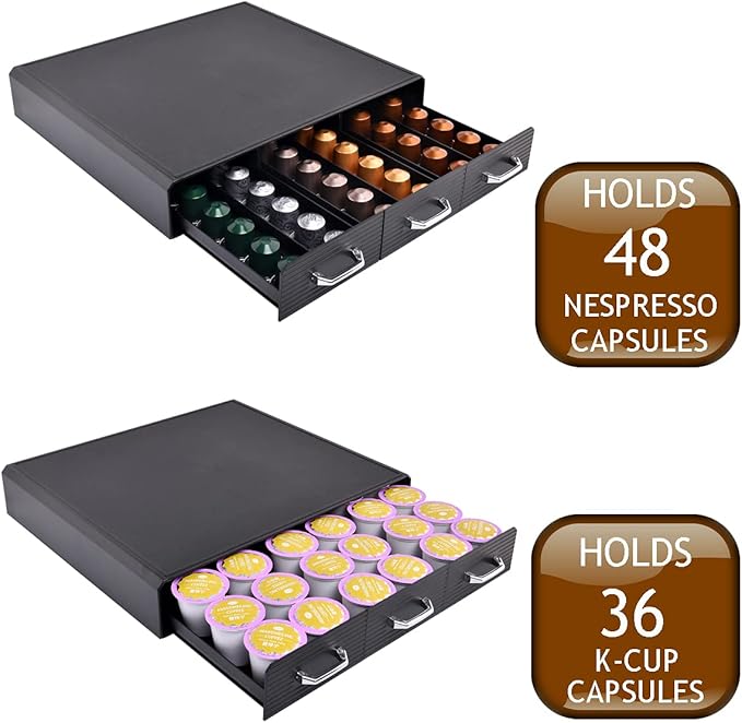 Coffee Pod Storage Drawer Coffee Capsule Organize Drawer Coffee Maker Holder Organizer,Compatible with 36 Capacity K-Cup or 48 Nespresso Capsule, Black-NeatNest