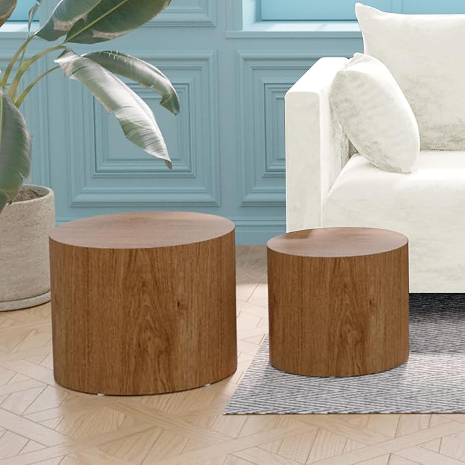 Kevinplus Modern Coffee Nesting Side End Table Set of 2, Small Round Circle Midcentury Bed Side for Living Room Bedroom Office (Walnut - Round)