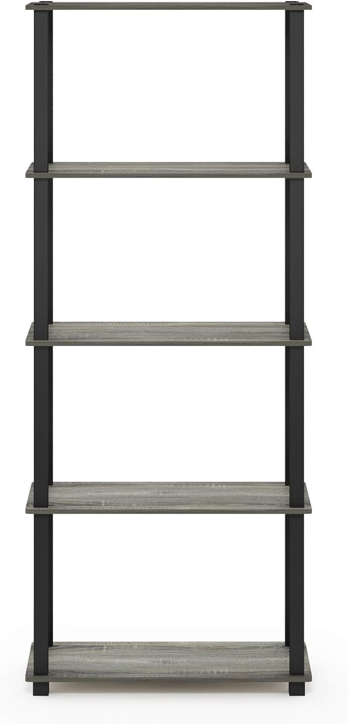 Furinno Turn-N-Tube 5-Tier Multipurpose Shelf / Display Rack / Storage Shelf / Bookshelf, Square Tubes, French Oak Grey/Black-NeatNest