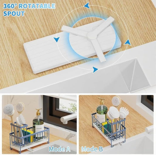 Cisily Blue Gray Sponge Holder for Kitchen Sink, Sink Caddy Organizer with High Brush Holder, Kitchen Countertop Organizers and Storage Essentials, Rustproof 304 Stainless Steel, Soap Dispenser-NeatNest