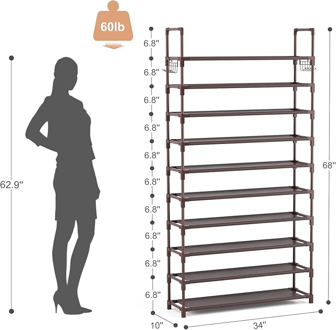 VTRIN 10 Tiers Shoe Rack Tall Large Capacity 50 Pairs Wide Shoe Organizer Sturdy Shoe Shelf for Entryway with Two Hooks Metal Shoe Storage for Closet, Bedroom, Brown-NeatNest