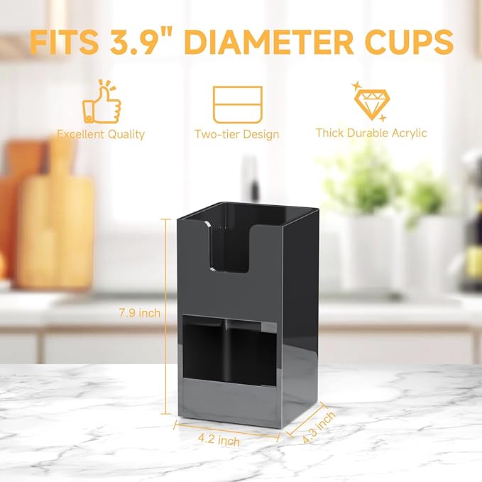Coffee Condiment and Cup Organizer - 2-Tier Upright Cup and Lid Holder with Straw Organizer 2 Compartments Black Acrylic Cup Dispenser for Restaurant Breakroom Coffee Station Countertop-NeatNest