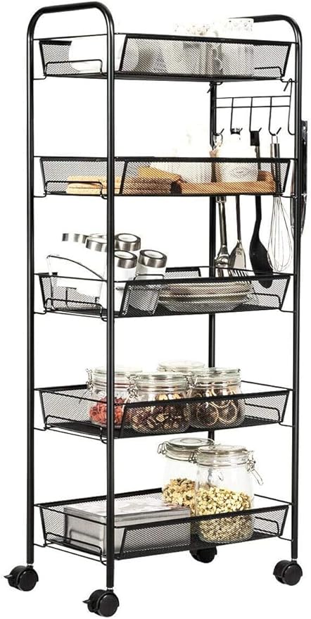 JANE EYRE 5-Tier Rolling Utility Storage Rack Cart on Wheels, Trolley Craft cart, Multi-Purpose Organizer Shelf, Black-NeatNest