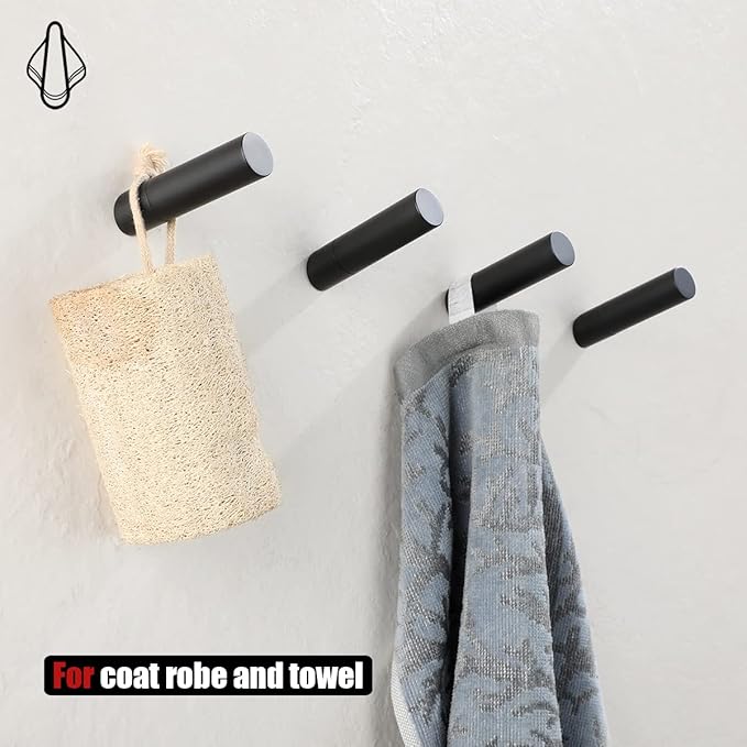 JQK Wall Hooks Black, 304 Stainless Steel Coat Hooks Wall Mounted for Robe Hat Clothes Hanger Towels, Matte Black 4 Pack, RH120-PB-P4