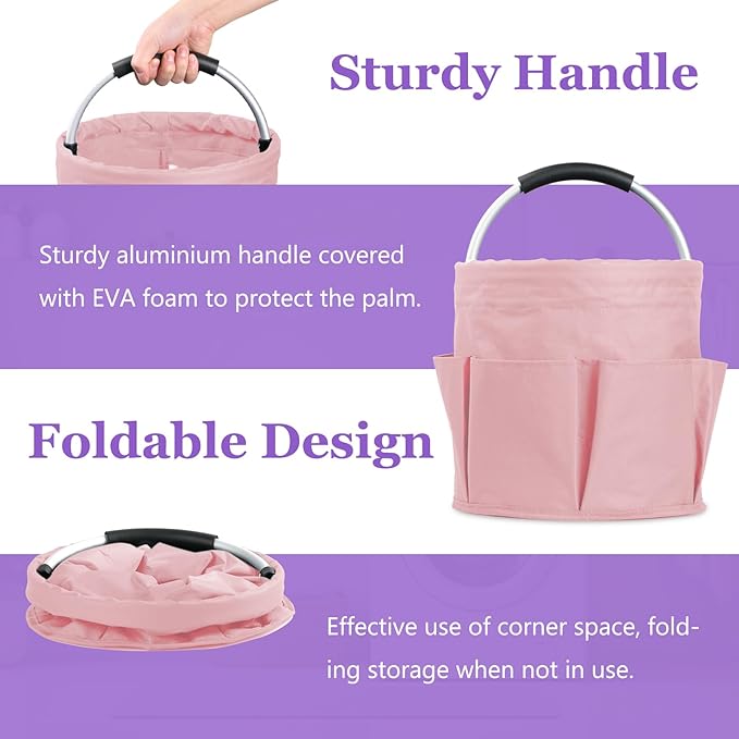 17L Portable Shower Caddy with 6 Side Pockets, Foldable Cleaning Supply Caddy with Handle, Garden Tool Bag in 600D Oxford Fabric, Multifunctional Storage Basket for Showers, Picnics, Pink-NeatNest