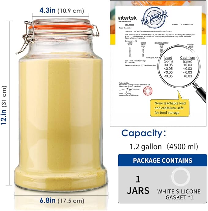 1.2 Gallon Airtight Glass Jar with Hinged Lid, Wide Mouth Glass Storage Jar for Flour, Pasta, Cookies, Large Capacity, Sturdy and Heavy Duty, 1 Pack