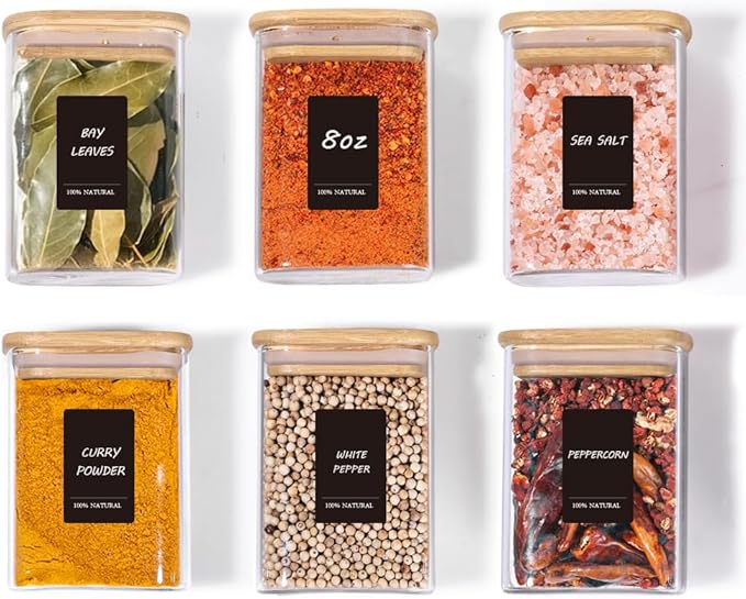 Comsaf Spice Jars with Label，8 oz Small Glass Jars with Lids, 6 Pcs Seasoning Containers, Rectangle Glass Containers with Lids, Empty Seasoning Jars for Pantry Storage, Loose Tea, Herbs, Powders, Salt-NeatNest