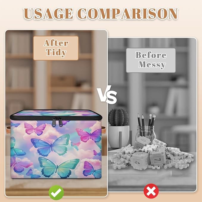 Colorful Butterfly Storage Bins with Zipper Lid, Watercolor Animals Lidded Storage Baskets Boxes Foldable Organizer with Leather Handles for Clothes Closet Shelf Toys-NeatNest