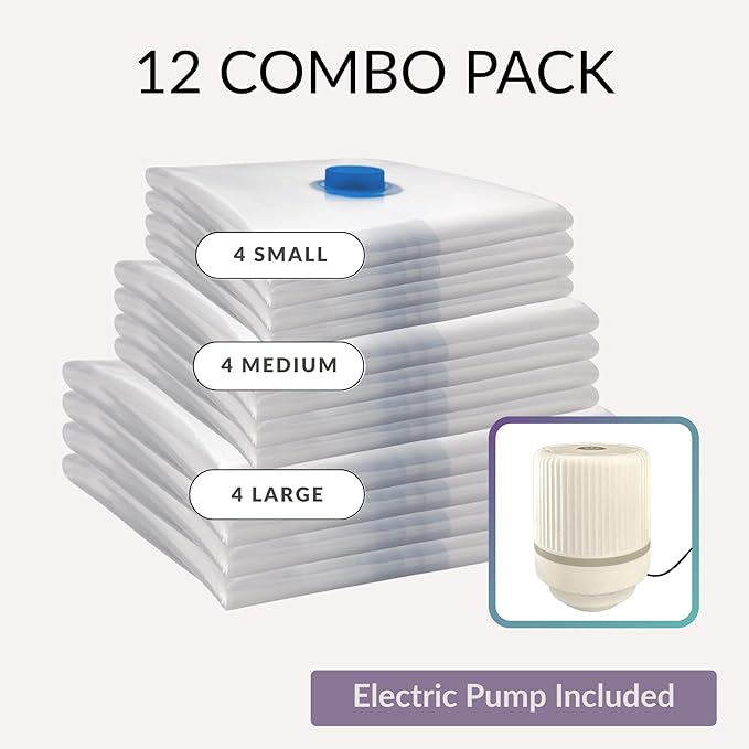 12 Pack Vacuum Storage Bags with Electric Pump, Compression Space Saver for Comforters, Bedding, Blanket Storage, Vacuum Seal Bags for Clothing, Luggage and Closet Organizer,-NeatNest