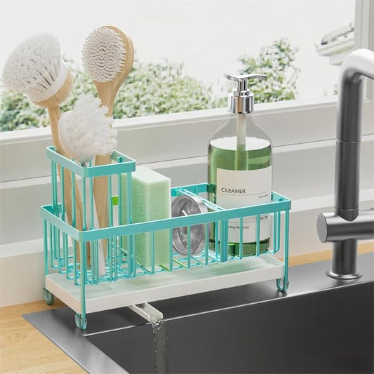 Cisily Turquoise Sponge Holder for Kitchen Sink, Sink Caddy Organizer with High Brush Holder, Kitchen Countertop Organizers and Storage Essentials, Rustproof 304 Stainless Steel, Soap Dispenser-NeatNest