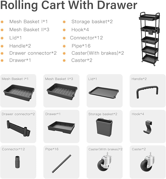 5 Tier Rolling Utility Cart with Drawer,REBECAT Utility Cart Made of Multifunctional Storage Organizer Tool for Kitchen,Bathroom,Living Room,Office(Black)-NeatNest