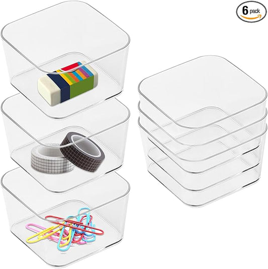 6pcs Clear Acrylic Storage Container, Desk Organizer Drawer Square Tray, Small Makeup Vanity Storage Bins Widely for Kitchen Cabinet, Tool, Office Desk, Gadgets, Pens, Paper Clips, No Lid-NeatNest