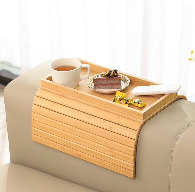 GEHE Bamboo Sofa Arm Tray, Foldable Couch Arm Tray Side Table, Anti-Falling Armrest Tables Cup Holder for Snacks, Drinks, Beers, Phone, Control, Flexible and Portable, Anti-Slip Bottom-NeatNest