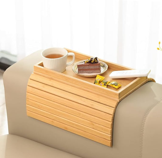 GEHE Bamboo Sofa Arm Tray, Foldable Couch Arm Tray Side Table, Anti-Falling Armrest Tables Cup Holder for Snacks, Drinks, Beers, Phone, Control, Flexible and Portable, Anti-Slip Bottom-NeatNest