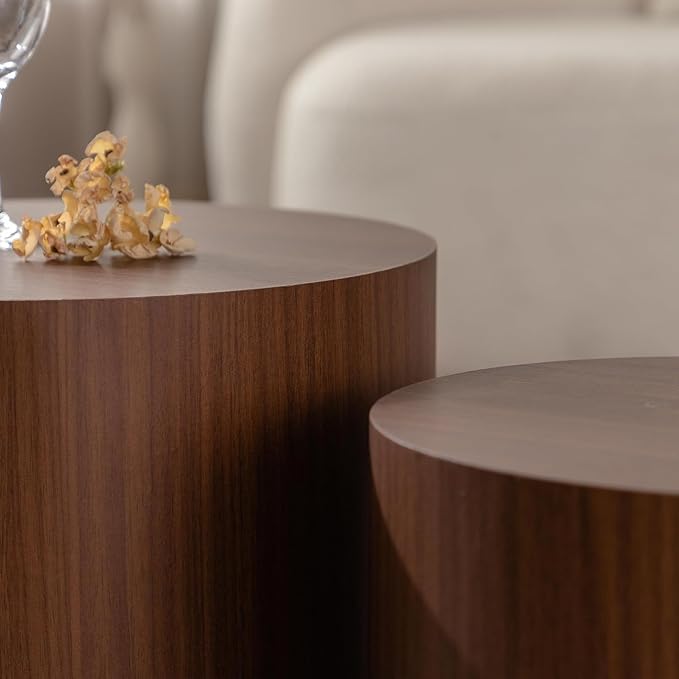Round Nesting Coffee Table Set of 2 Walnut Round Drum Fluted Coffee Tables for Small Space Modern Stacking Nesting Tables Minimalist Circle Center Table 2 Piece for Living Room (Dark Wood)