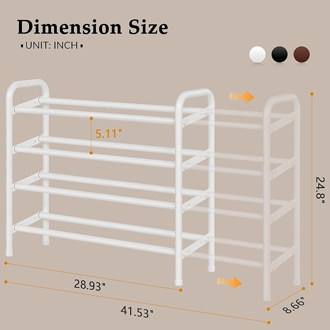 Shoe Rack for Closet,4 Tier Shoe Organizer, 28“ Metal Shelf Can Expandable to 42“, for Bedroom, Entryway, Living Room, Garage, Adjustable to 24 Pairs Shoes, White-NeatNest