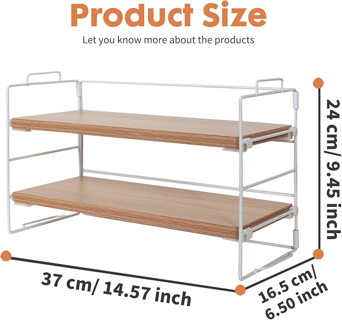 PowerKing Desk Shelf Organizer, 2-Tier Desktop Shelves with Wood Board, Adjustable Bookshelf Storage Rack for Home Office School Study Room (White Frame + Original Wood)-NeatNest