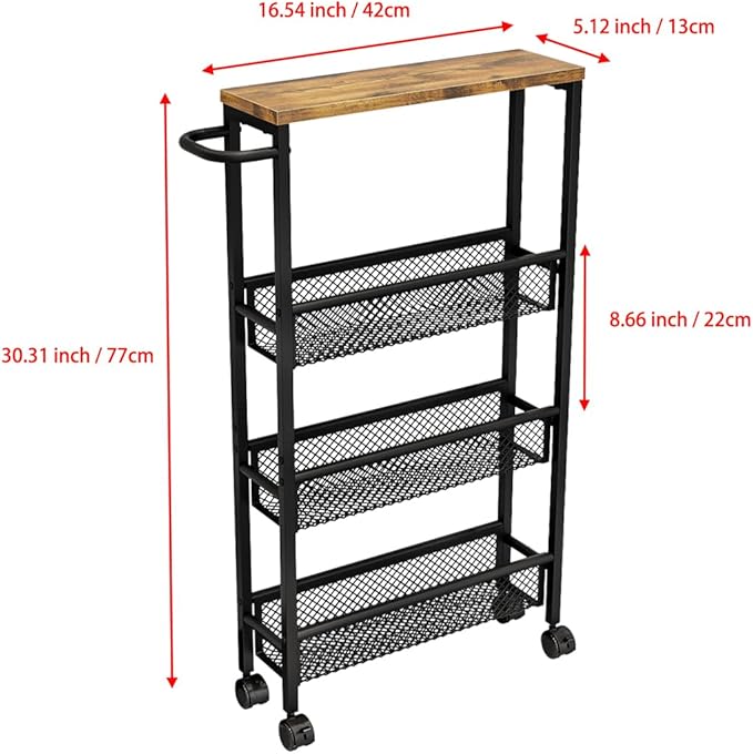 Slim Rolling Cart 4 Tier Narrow Storage Cart on Wheels with MDF Board Top and Metal Handle for Small Space Kitchen Living Room Home Office Pantry Bathroom Laundry Room(16.54×5.12×30.31 inch)