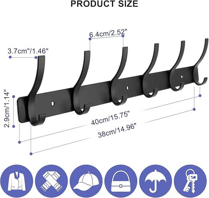 Coat Rack Wall Mounted,6 Coat Hooks for Hanging Coats,Metal Double Hook Rack Hook Rail,Coat Rack with Hooks,Wall Mount Coat Hanger for Hat Towel Purse Robes (2 Pack Black, 6 Hooks)-NeatNest