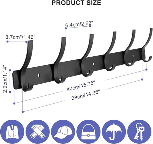 Coat Rack Wall Mounted,6 Coat Hooks for Hanging Coats,Metal Double Hook Rack Hook Rail,Coat Rack with Hooks,Wall Mount Coat Hanger for Hat Towel Purse Robes (2 Pack Black, 6 Hooks)-NeatNest