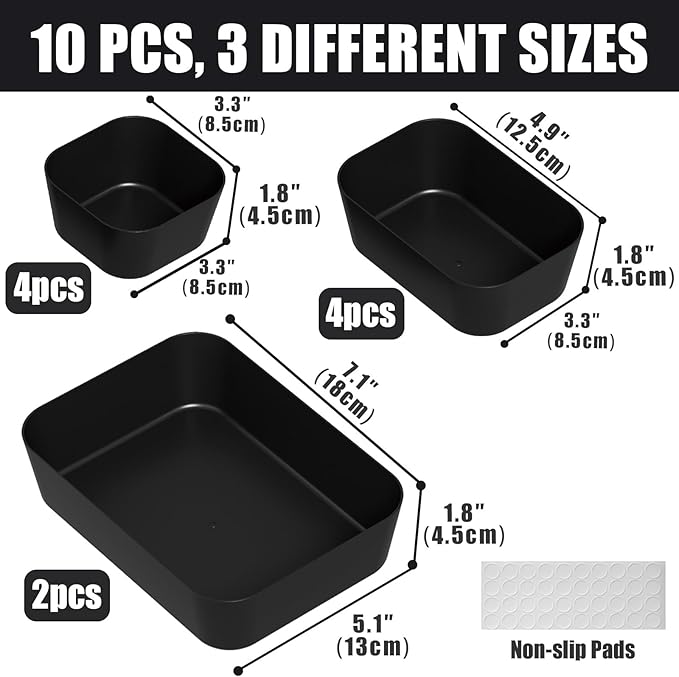 Plastic Drawer Organizers, 10 PCS Drawer Organizer Bins, Bathroom and Vanity Organizer Plastic Tray, Makeup organizer and storage for Makeup, Bedroom, Kitchen Gadgets Utensils and Office (Black)-NeatNest