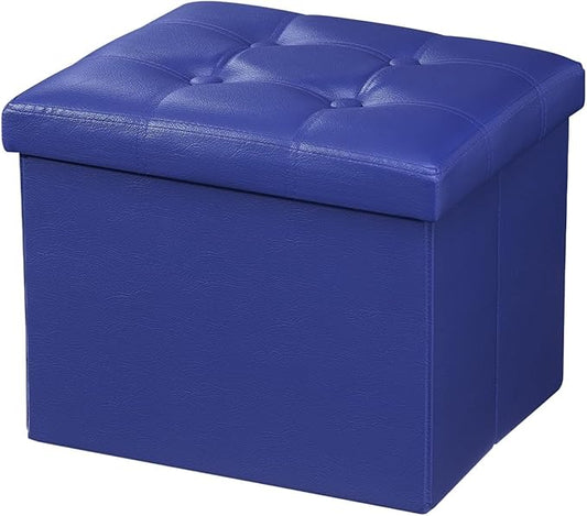 AmasSmile Storage Ottoman Folding Foot Rest Stool, Leather Footstool Bench, Short Ottoman Stool, Storage Foot Rest Store, Books (Blue, 17" D x 13" W x 13" H)-NeatNest