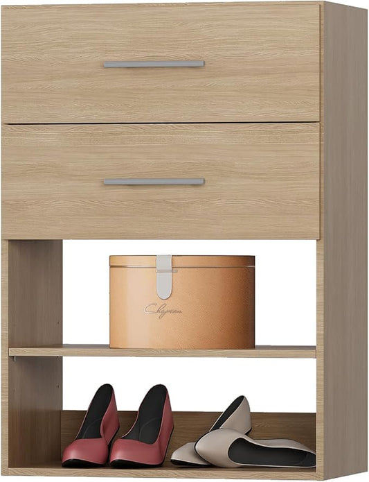 2 Drawer Short Tower Closet Unit, Modular Closet System, Wood Closet System Organizer with Storage for Walk In Closets, Clothing Rack Closet for Hanging Clothes, Bedroom, Wood, 25.5"W