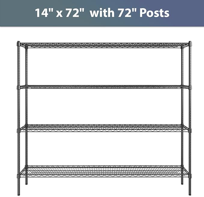14" x 72" NSF Black Epoxy 4-Shelf Kit with 72" Posts, Commercial Storage Rack Unit, Heavy Duty Storage Shelving, Wire Shelving Kit, Adjustable Rack Strong Steel, Multipurpose Wire Shelf