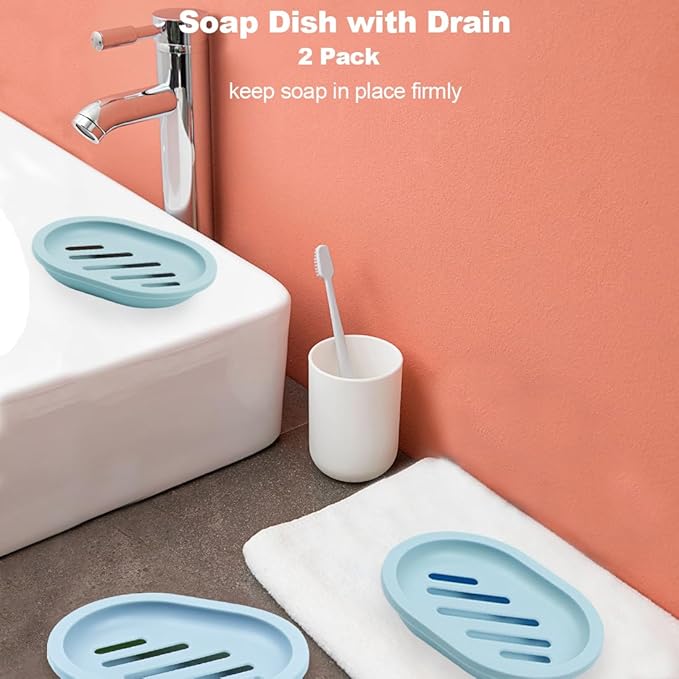 4Pcs Double-Layer Bar Soap Holder for Shower Soap Dish with Drain Soap Saver Box Container Plastic Soap Dish for Bathroom Counter,Kitchen,Toilet (Blue)-NeatNest