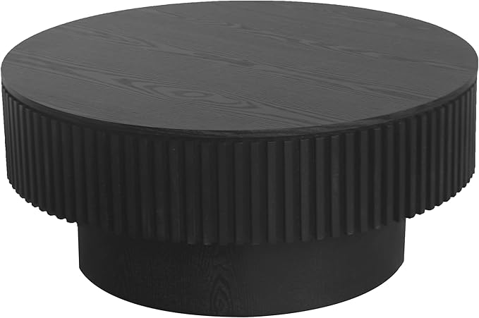 kevinplus 31.5'' Round Coffee Table with Storage Space, Modern Wood Circle Fluted Drum Pedestal Coffee Table for Living Room, Easy Assembly, Black (ø31.49'' x 14'')
