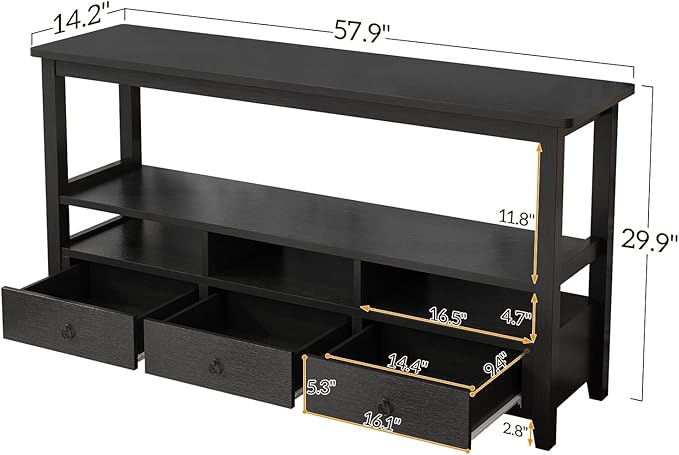 Karl home Console Table with 3 Bottom Drawers, 57.9" W Sofa Side Table Entryway Desk with 3 Storage Cubbies 1 Open Shelf, Vintage TV Stand for Hallway Living Room Office, Black 29.9" H-NeatNest