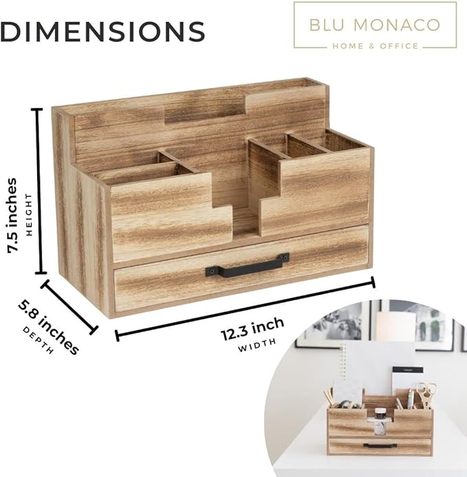 BLU MONACO Natural Wooden Office Supplies Desk Organizer with Drawer - Accessories for Women - Desktop Organization - Organization for Desk - Home Office Supplies Organizer-NeatNest