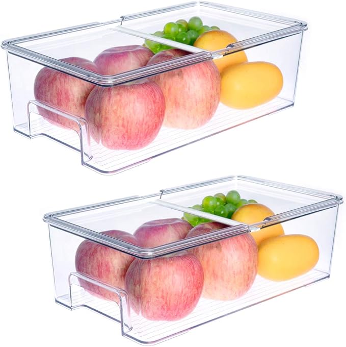 SANNO Vegetable Refrigerator Organizer Food Bins with lids Large Stackable Fridge Clear Organizers Kitchen Cabinet Organizer for Freezer, Kitchen, Countertops, Cabinets Pantry Storage Bins，set of 2