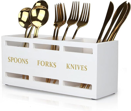 Ayiaren Wood Flatware Silverware Caddy White Cutlery Holder Kitchen Utensils Holder for Party Wooden Silverware Organizer for Countertop Knife Spoon and Fork Holder Table Utensil Caddy Organizer-NeatNest