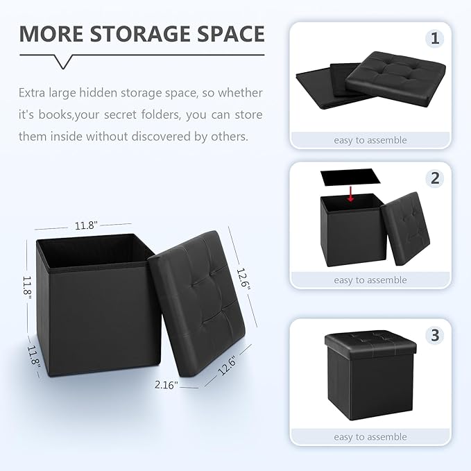 B FSOBEIIALEO Storage Ottoman Small Cube Foot Rest Seat Faux Leather Toy Chest Black 12.6"X12.6"X12.6" (2 Pack)