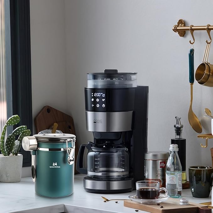 Coffee Canister Airtight Storage Container Stainless Steel Air Tight Coffee Jar with Scoop, Date Tracker CO2 Release Valve for Dry Food, Beans, Ground, Tea, Flour, Cereal and Sugar (Green)-NeatNest