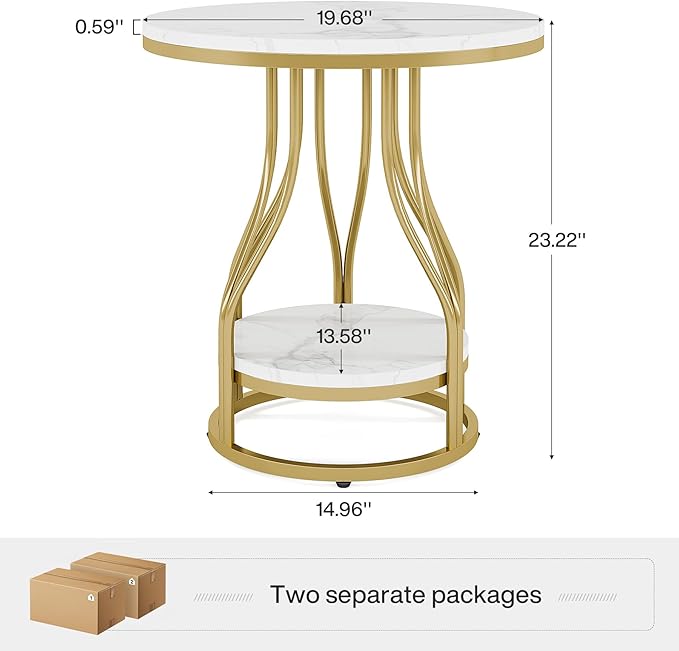 Tribesigns Round Side End Table 2-Tier End Tables Modern Bedside Table Small Chirside Tables with Storage for Couch Side, Nightstand with Metal Frame for Living Room (2, White+Gold)