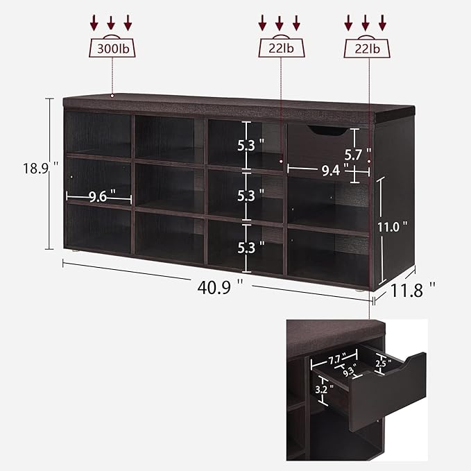 DINZI LVJ Shoe Bench, Entryway Storage Bench with Drawer and 11 Cubbies, Cubby Shoe Rack with Adjustable Shelves, Shoe Organizer Cabinet for Living Room, Bedroom, Mudroom, Closet and Garage, Espresso-NeatNest