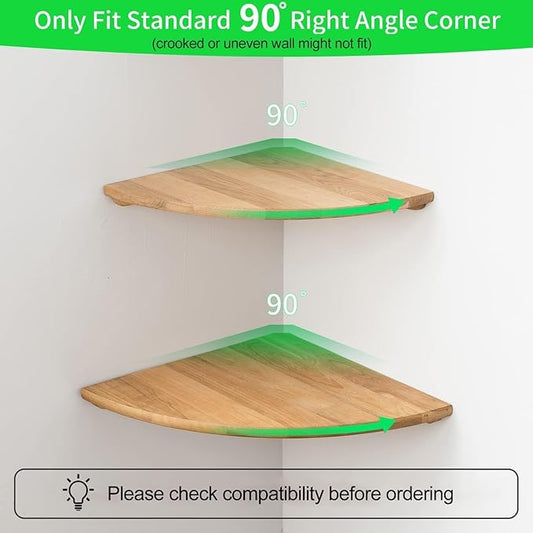 Corner Shelves, Floating Corner Shelf, Set of 2 16inch Solid Oak Wood Wall Shelves, Round End Wall Mount Display Shelf with Wire Hole for Bedroom Kitchen, Living Room (Oak, 16in 2P)-NeatNest