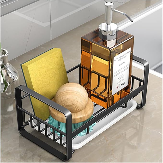 Kitchen Sponge Holder for Sink, Kitchen Sink Caddy Organizer, Sink Tray Drainer Rack, Dish Rags Brush Soap Storage Countertop with Removable Front Drain Pan - Black&White
