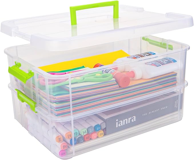 2 Layer Plastic Storage Containers with Lids, Multipurpose Clear Stack & Carry Box, Portable Craft Organizers and Storage Bin for Organizing Art & Craft, Sewing, Makeup, Nail Supplies (Green)