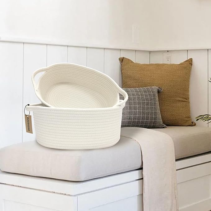 2PACK Small Woven Storage Basket for Organizing|Cotton Rope Basket for Closet Shelving Storage|Gift Basket for Empty with Handles for Toys, Books for Living Room, Bedroom（White）