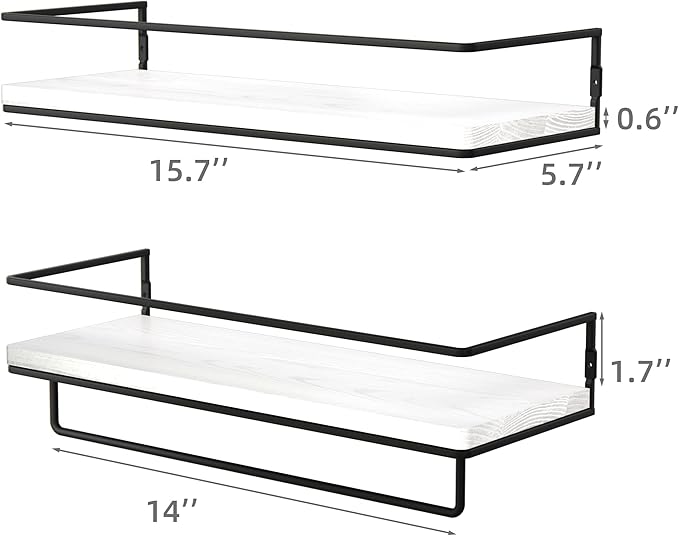 ZGO Floating Shelves for Wall Set of 2, Wall Mounted Storage Shelves with Black Metal Frame and Towel Rack for Bathroom, Bedroom, Living Room, Kitchen, Office (White)