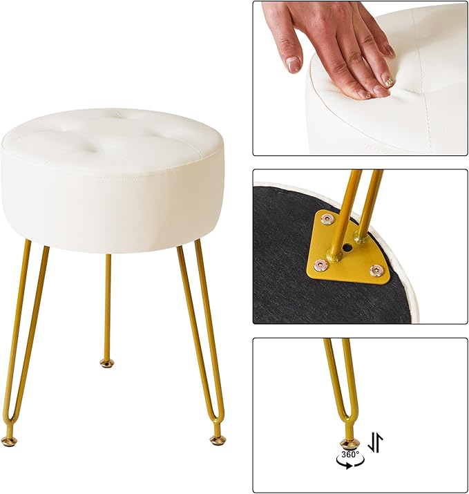 IBUYKE Faux Leather Round Footrest Stool, Makeup Vanity Stool Side Table, PU Dressing Table Seat, Pouf Couch Stool, Golden Steel Legs, White LG-31W